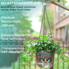 Sæt med 2 selvvandende hængende plantekasser, 16,5 cm indendørs hængende urtepotte med 3 kroge og drænhuller til indendørs og udendørs brug, loft, balkon og vægdekoration (grå)