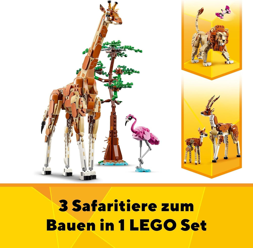 LEGO Creator 3In1 Animal Safari, kreativt sæt med dyrefigurer, 3 byggemuligheder: Legetøjsgiraf, gazelle og løve, legetøjsdyr til piger og drenge, naturgave til børn i alderen 9+ 31150 Byggesæt Beuche den LEGO-Store