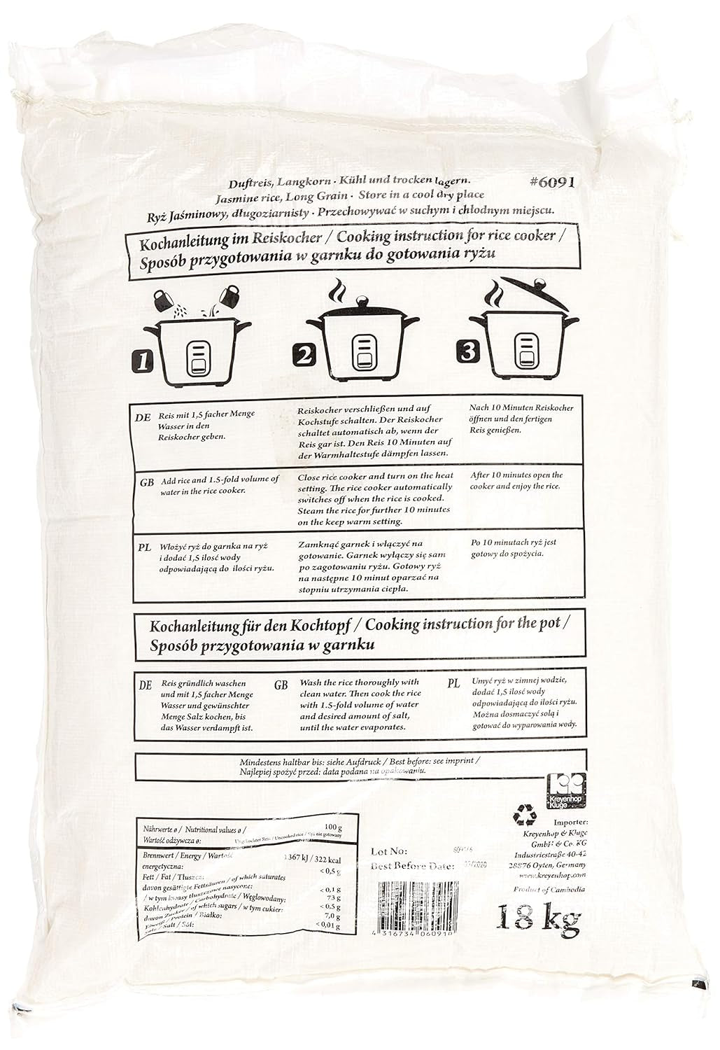 Duftende ris/jasminris, langkornet, AAA kvalitet, 1 pakke (1 x 18 kg)
