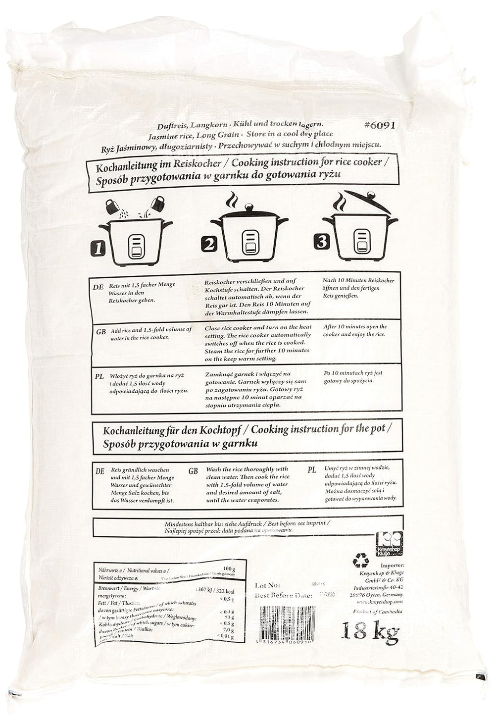 Duftende ris/jasminris, langkornet, AAA kvalitet, 1 pakke (1 x 18 kg)