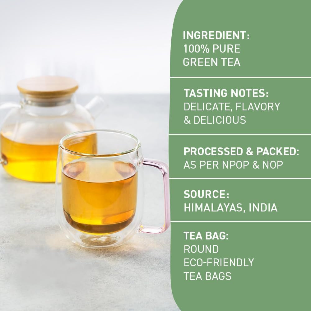 HANDPICK, pliculețe de ceai verde - 25 bucăți | 100% frunze de ceai verde pur din Himalaya, India | Plicuțe de ceai verde ecologice, preparare la cald sau rece