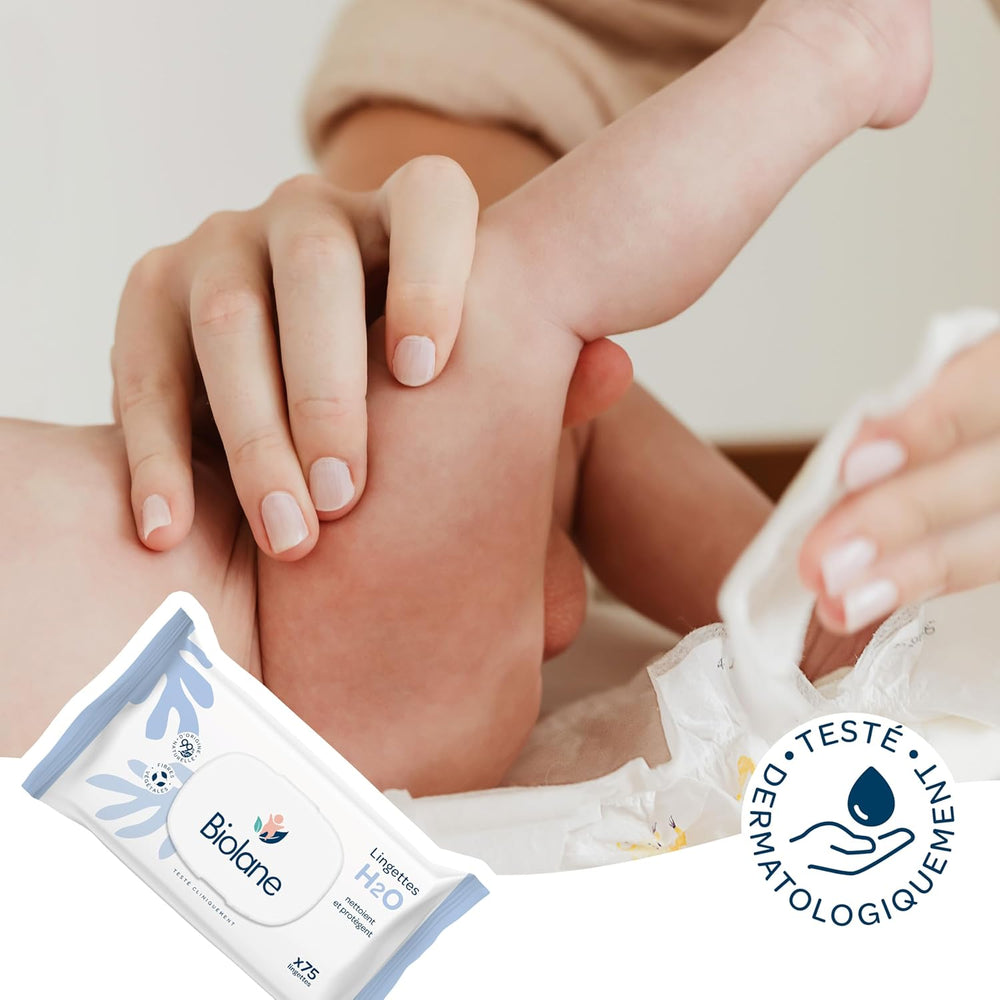 BIOLANE - Babyvådservietter med vand - 225 servietter - 3 x 75 stykker - Skånsom og effektiv rengøring - Fra fødslen - Fransk kvalitet