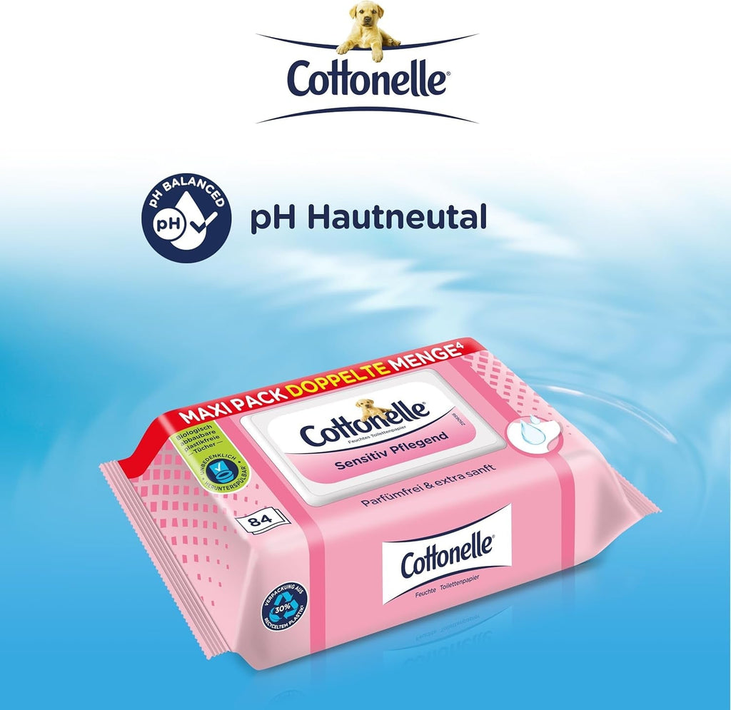 Hârtie igienică umedă, Sensitive Care - fără parfum, biodegradabilă, fără plastic, resigilabilă, 1 X 84 șervețele umede (pachet unic)