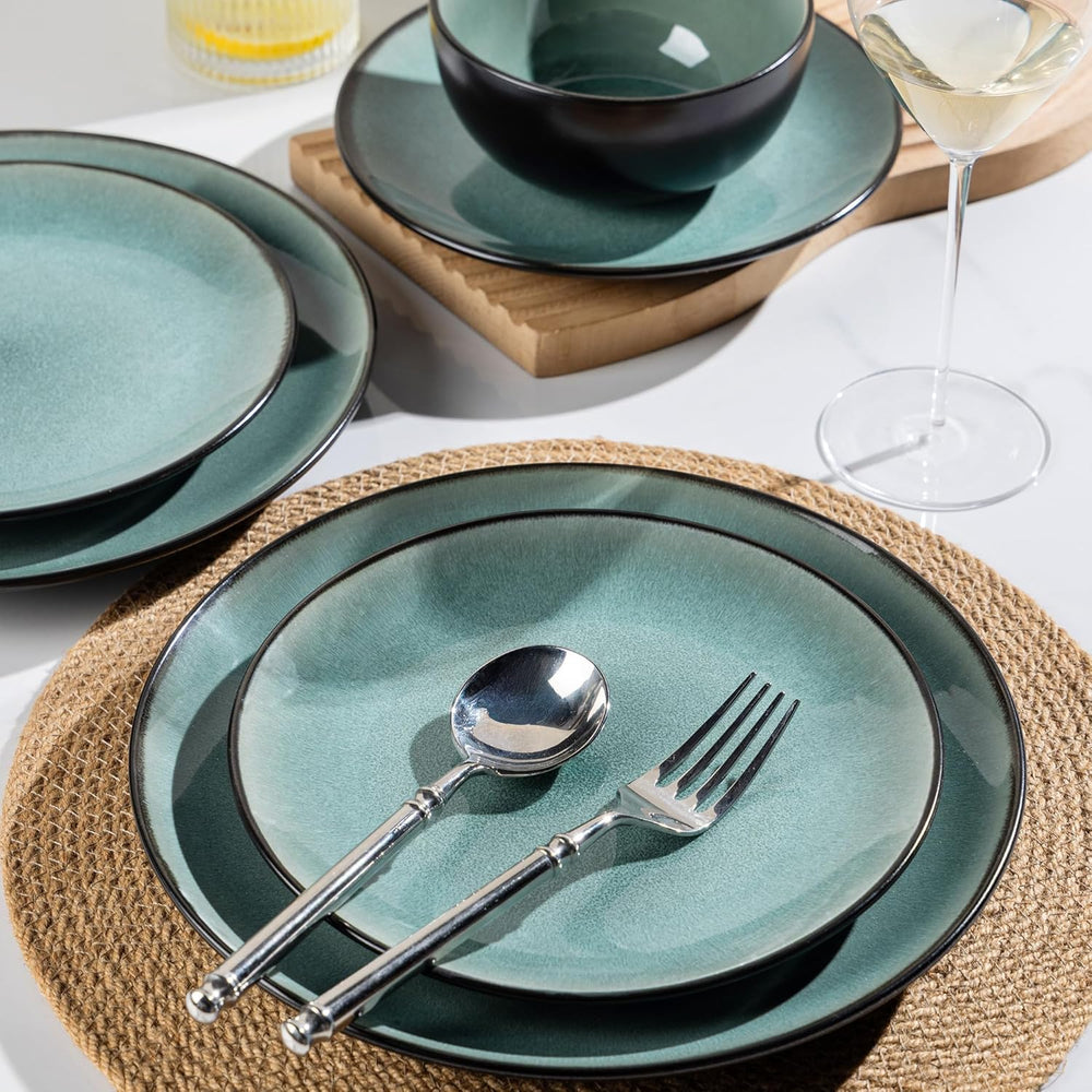 Set de veselă GBhome din gresie pentru 4 persoane, 12 piese, glazură reactivă, lucrat manual, potrivit pentru cuptorul cu microunde și mașina de spălat vase, set de bol și farfurie, culoare petrol, GDW025WB-EU