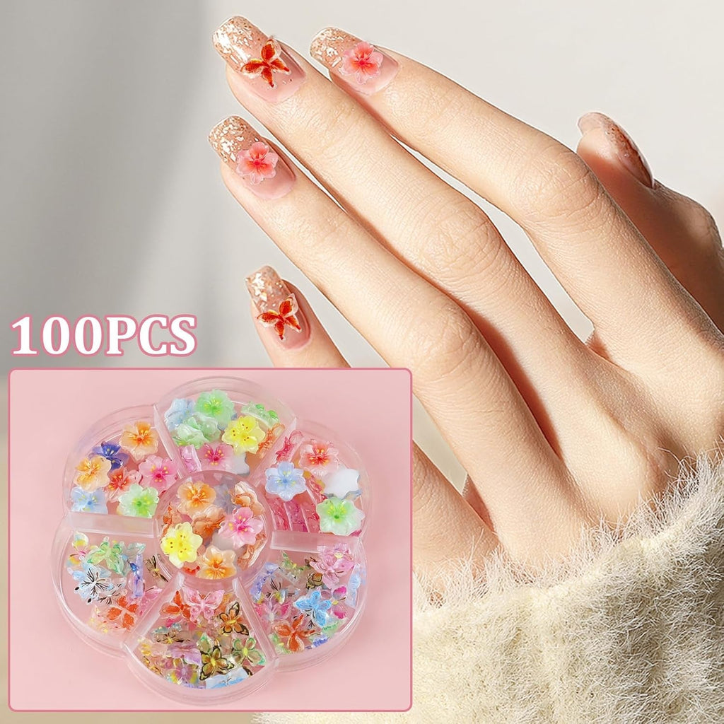 YICH Nail Charms Nägel Charms 50Pcs 3D Flowers + 50Pcs 3D Schmetterling, Summer Nägel Deko Set Schmetterling/Flowers Nail Art Nailart