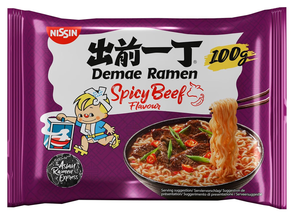 Nissin Demae Ramen - Krydret oksekød 10-pak japansk stil instant nudler med oksesmag og asiatiske krydderier Hurtig og nem at tilberede asiatisk mad (10 x 100 g)