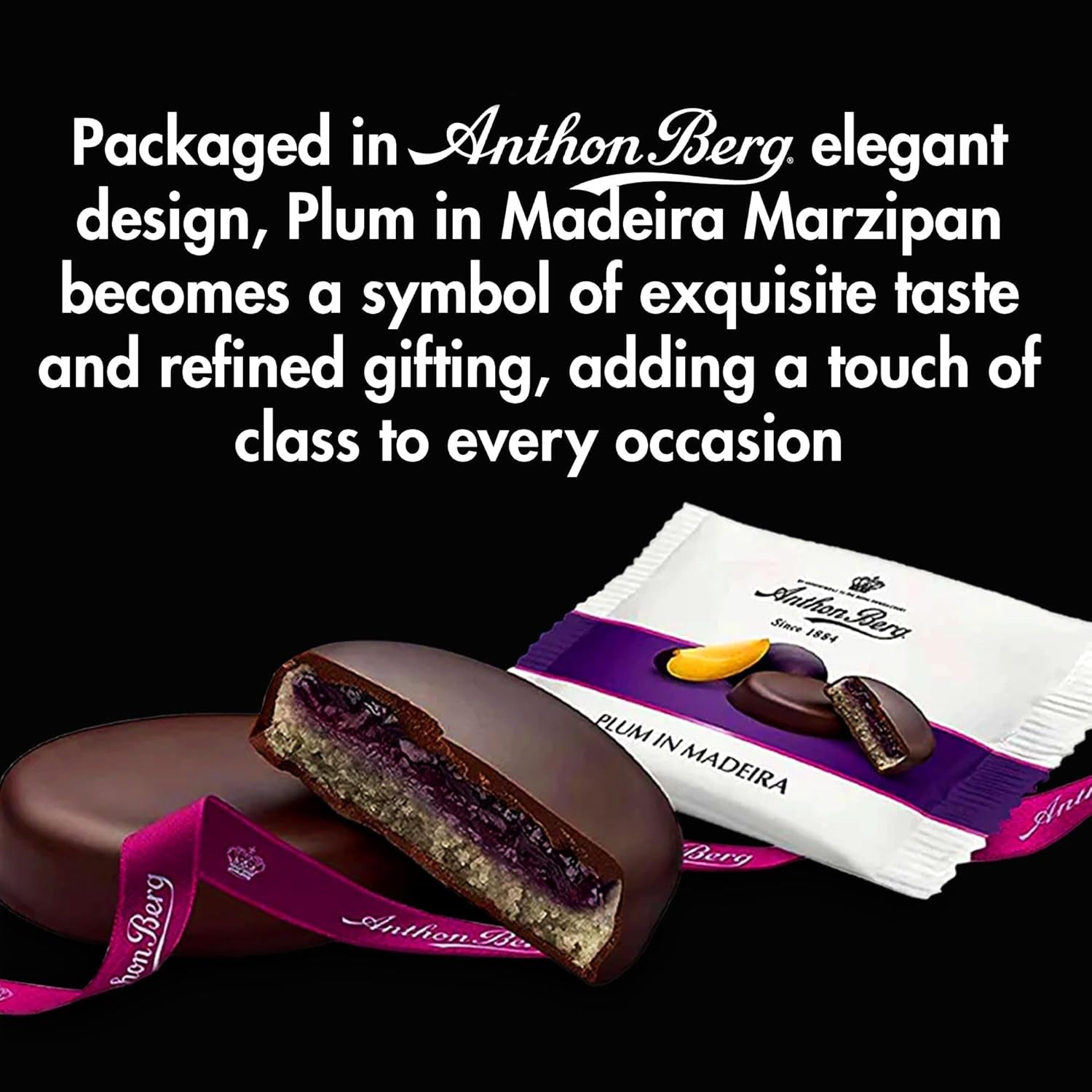 Blomme på Madeira – 220g – Marcipanspecialitet med frugt og alkohol – 8 mørk chokolademønter med blommegele og Madeiravin – Gaveidé