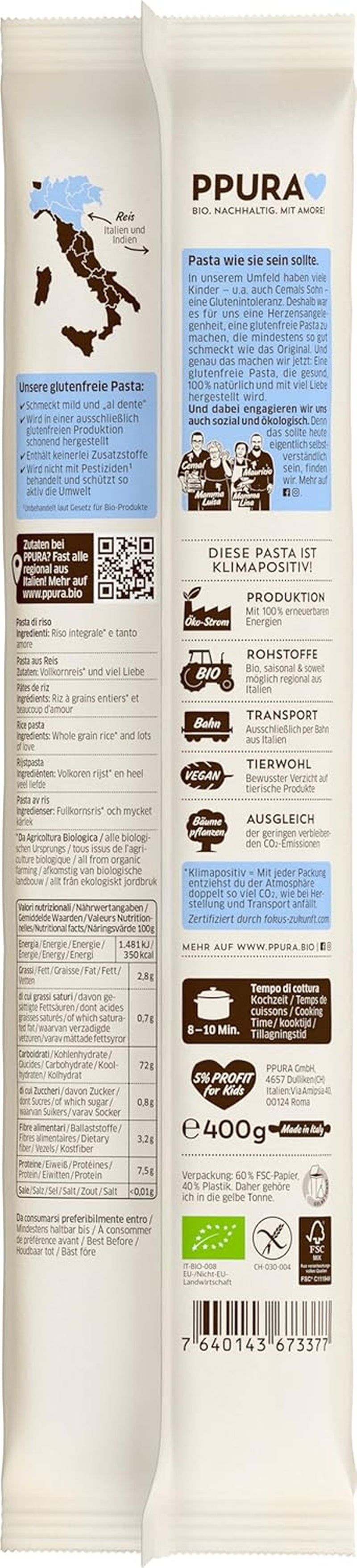 PPURA Spaghetti med økologisk glutenfri hel ris 400g - Italiensk naturlig pasta med økologisk hel ris - Glutenfri, uden sukker eller tilsætningsstoffer, traditionelt tilberedt