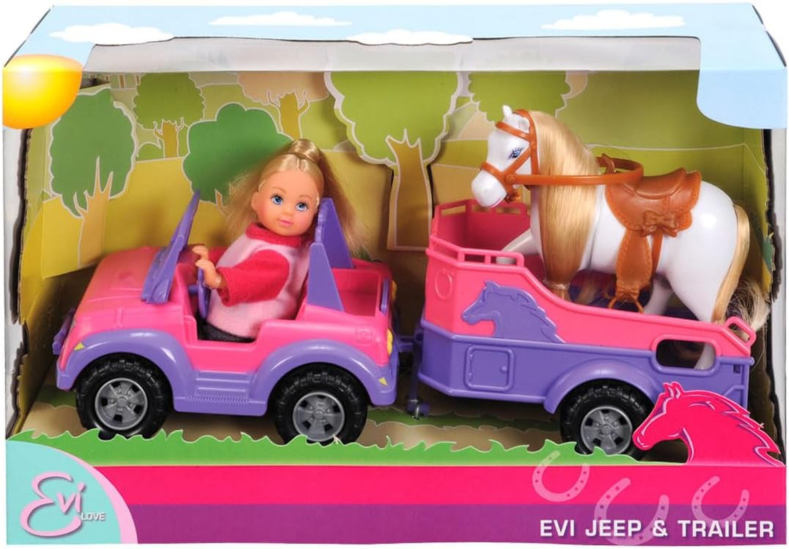Simba 105737460 - Evi Love Evi hestetrailer med lyserød jeep, lilla hest og pony vedhæng, påklædningsdukke, 12 cm, 3+ dukker Naty Shop Standardtitel