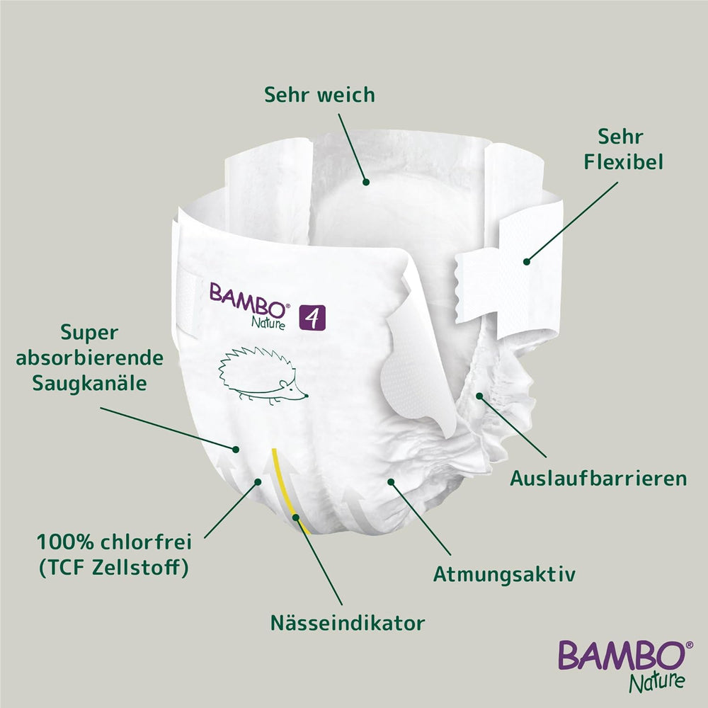 Bambo Naturbleer til babyer, str. 4 (7-14 kg), 144 stk, Månedsæske | Premium bleer med forbedret lækagebeskyttelse | Ultimativ komfort og frihed for aktive børn | Dermatologisk testede bleer