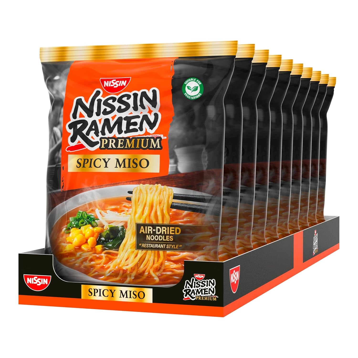 Nissin Ramen Premium - Miso Spicy 10 Pack Japanese Style Air Dry Instant Nudles til 'Restaurant Style' Ramen med en mildt krydret smag af miso og wakame flager (10 x 90,7 g)