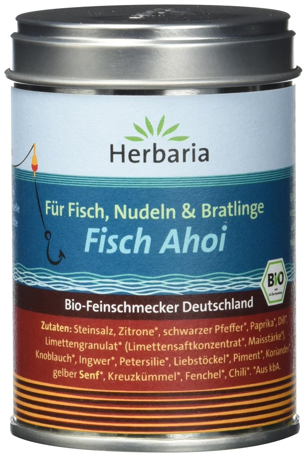 Herbaria Fisch Ahoi bio 85g M-Dosis – Fertiges Bio-Gewürzsalz for Gebratene eller gegrillte Fischgerichte, Meeresfrüchte og Bratlinge – i nachhaltiger Aromaschutz-Dose