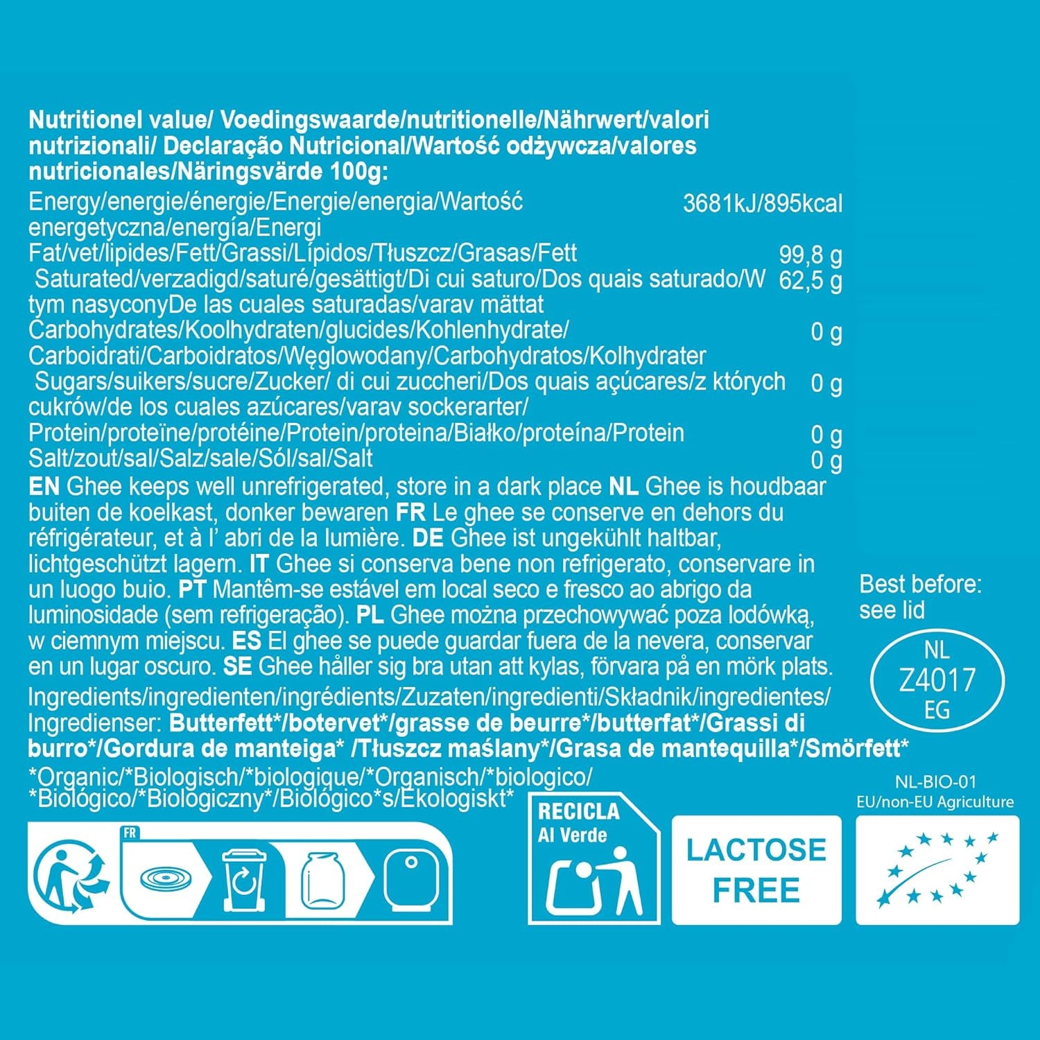 Ghee Easy 850g Ghee Bio von Grasgefütterten Kühen - Ghee Butter ohne Zusatzstoffe - Zertifiziert Organisch & Biologisch - Hochreines Ayurveda Ghee ohne Lactose und Gluten - 100% Europäisch