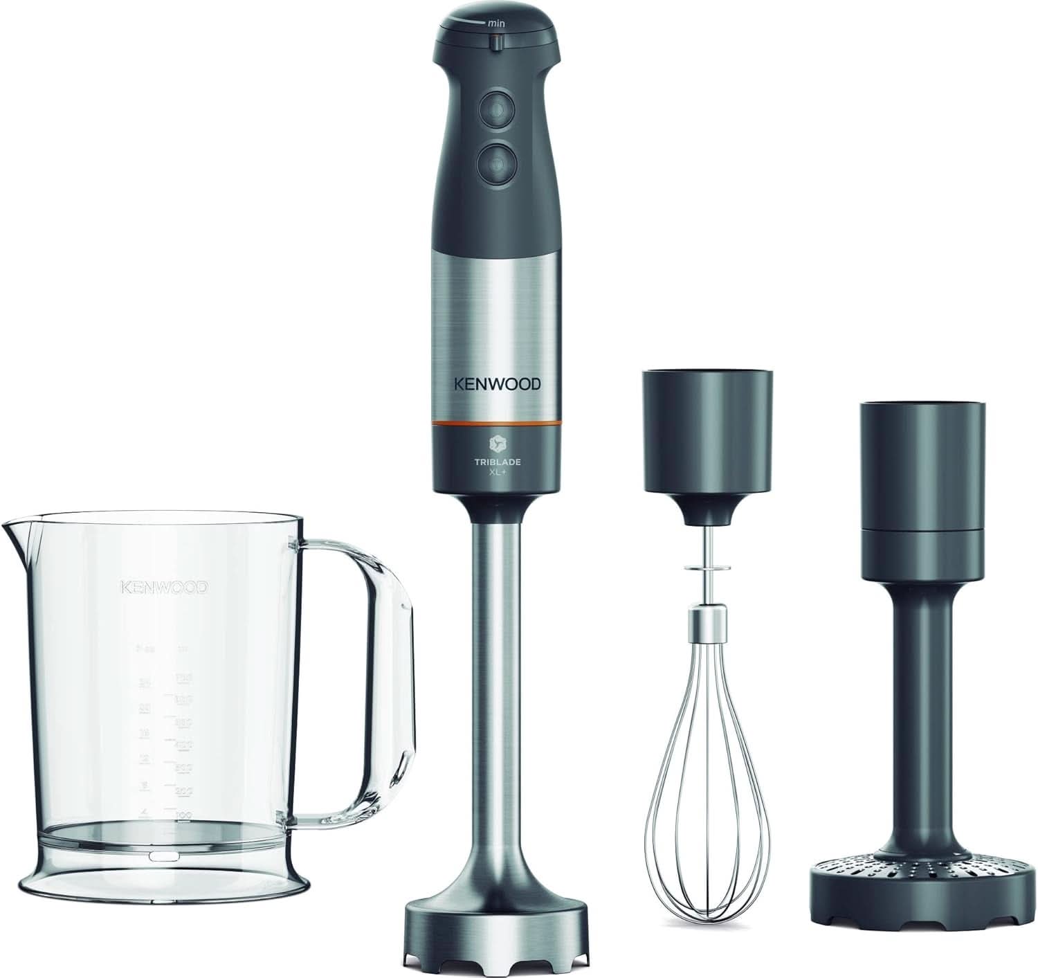 Kenwood Triblade XL Pro Stabmixer HBM80.322BK, 1200W, Variable Geschwindigkeiten, Edelstahl(Pürierfuß), Schneebesen, Emulgieraufsatz, 500Ml Zerkleiner, 700 & 250Ml Becher, Spülmaschinenfeste Teile Bucatarie Naty Shop Grau Hbm60.007Gy