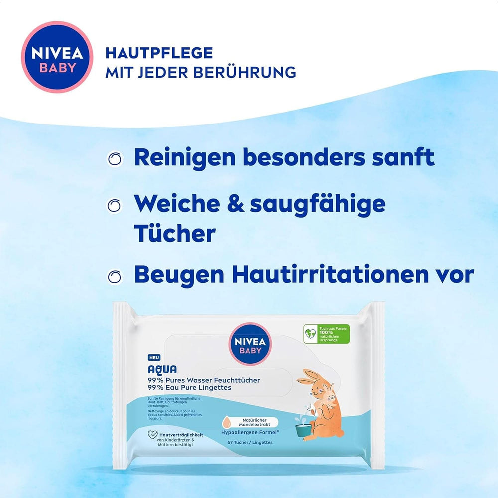 NIVEA Baby AQUA Feuchttücher, Baby Feuchttücher Zur Sanften Reinigung Empfindlicher Haut, Hypoallergene Und Parfümfreie Feuchttücher For Babies Mit 99% Wasser (1 X 57 Stück) Baby Wet Wipes Naty Shop