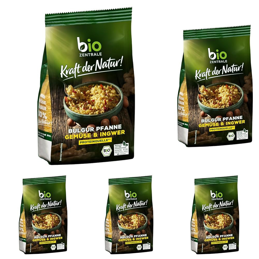 Biozentrale Bulgur i bakke med grøntsager og ingefær | 200 g perfekt til et hurtigt takeaway måltid | kilde til vegansk protein | let at tilberede