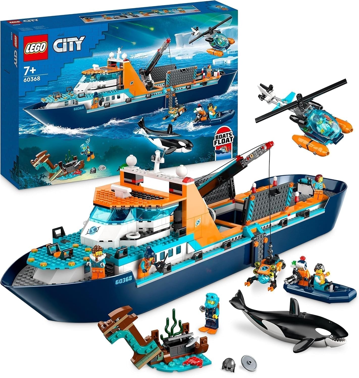 LEGO City Arctic Research Ship, Stor flydende legetøjsbåd med helikopter, gummibåd, Rov-ubåd, vikingevrag, 7 minifigurer og spækhuggerfigur, gave til 7+ børn 60368 byggesæt Besuche den LEGO-Store Single