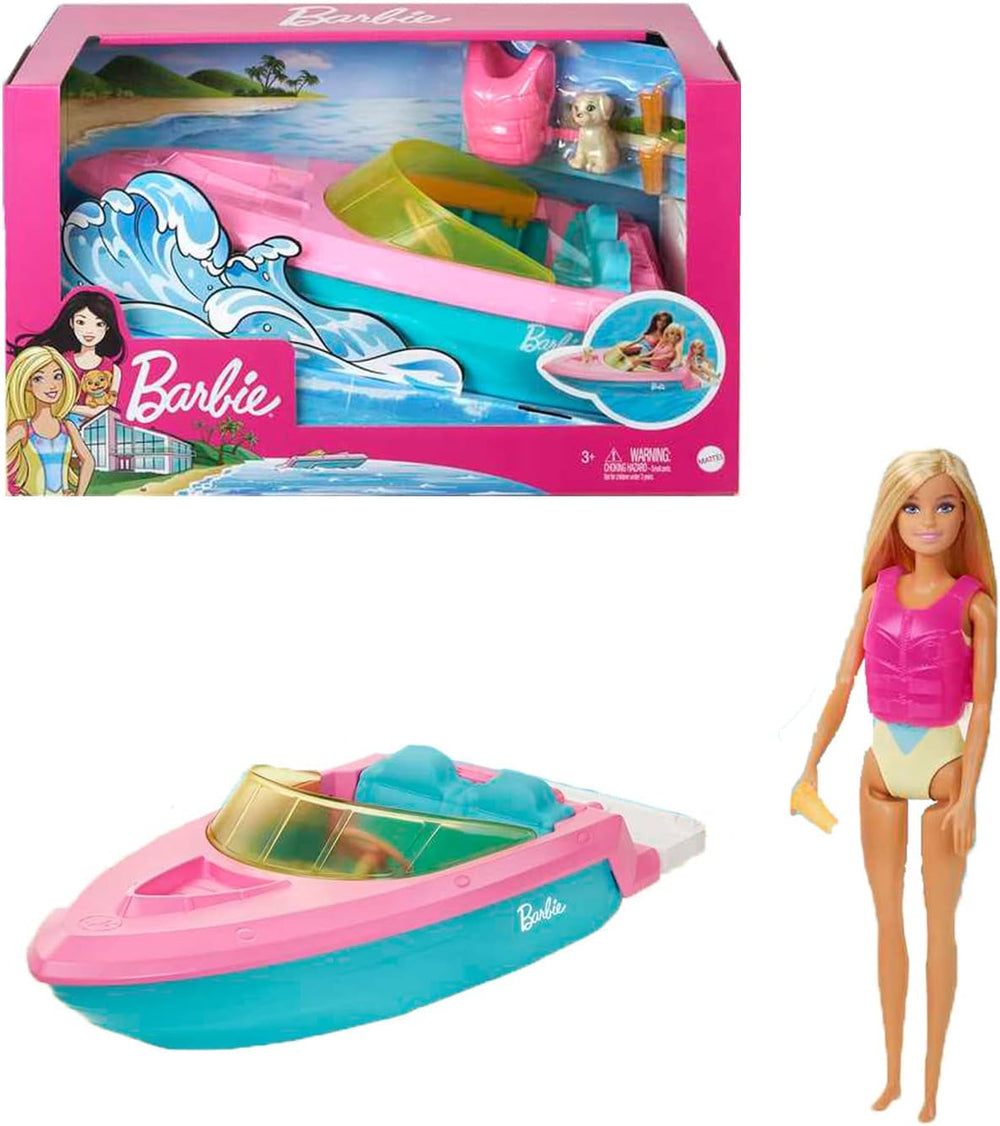 Barbie Speedboat Sæt, Barbie Dukke med Blondt Hår, Pink Redningsvest, Båd, Hvalp, Tilbehør, Gaver til 3+, Grg30 Naty Shop Dolls Barbie Speedboat Sæt