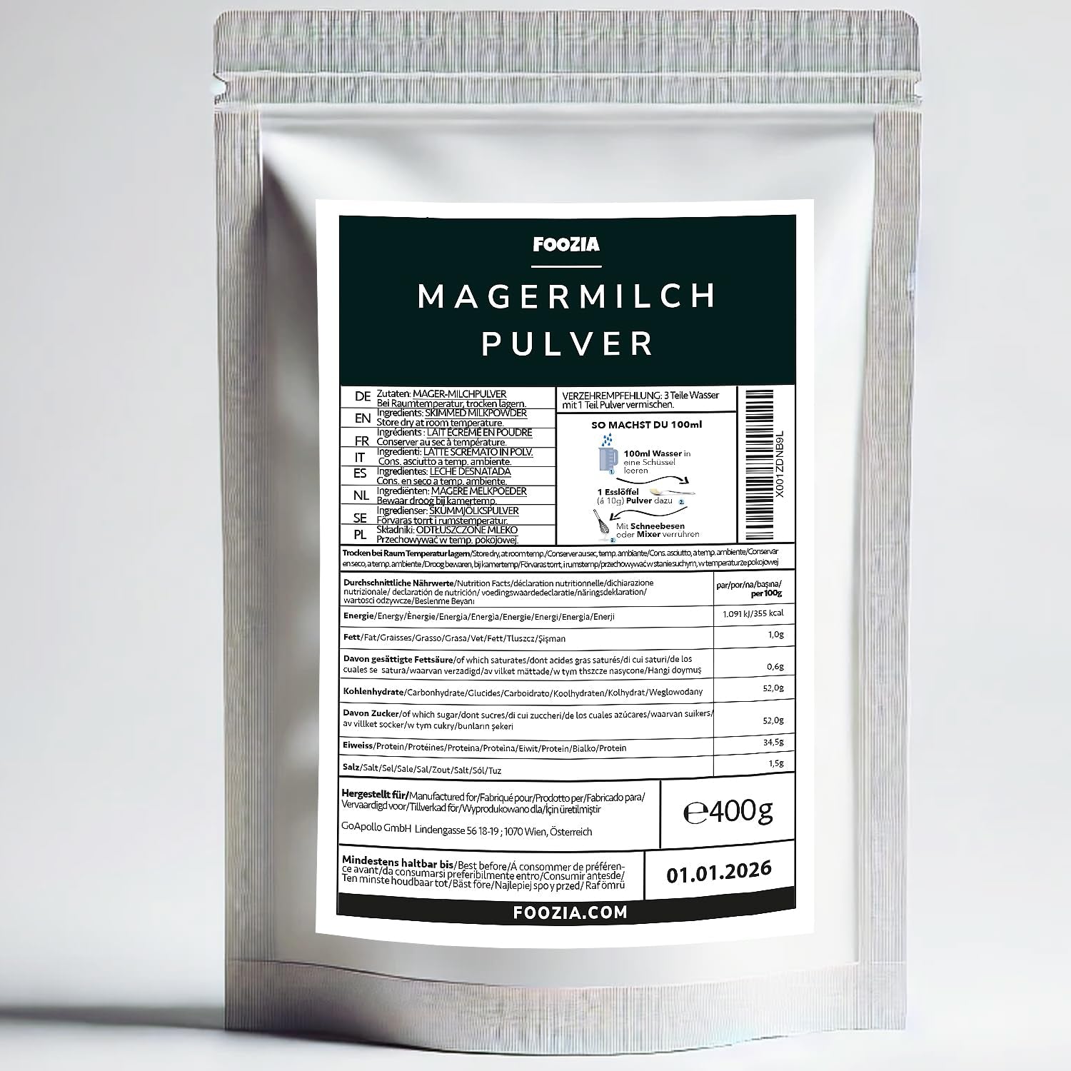 Magermilchpulver Milchpulver Aus Reiner Frisch Milch Hergestellt 400g af Foozia