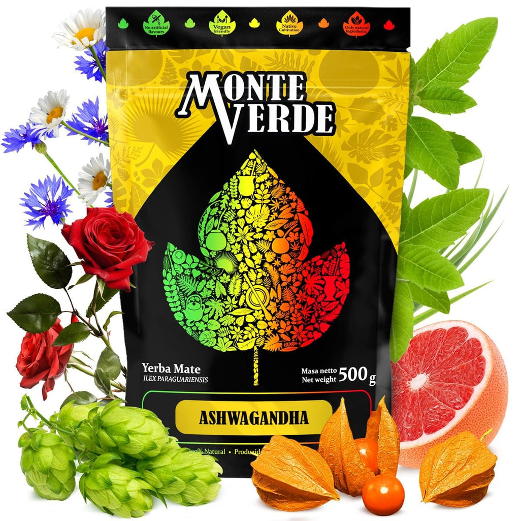 Ceai Yerba Mate  Cu Ashwagandha 500G - Ceai Mate Brazilian Cu Ashwagandha Și Plante Medicinale - Fără Aditivi Artificiali, Aromă Naturală | Ceai Mate Verde Loose 0,5Kg cu Plante Medicinale