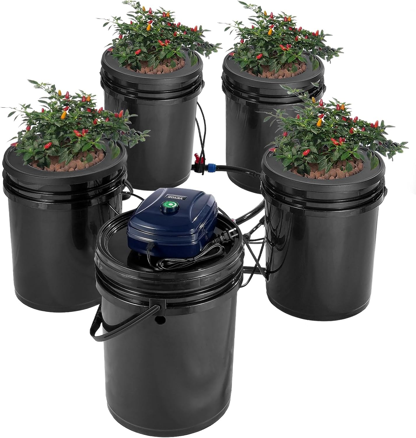 VEVOR DWC Hydroponic Grow System Dryp Pot Kit Hydroponic Grow Systems Dybvandsdyrkning 4 20L spande med luftpumpe Luftsten og vandstandsindikator til grønne bladgrøntsager