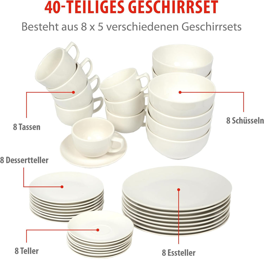 alpina Geschirrset 8 Personen - 40-teiliges Steingut Geschirr - Teller Set mit Speiseteller, Schalen und Kaffeebecher - Camping Geschirr - Mikrowelle- und Spülmaschinengeeignet - Weiß