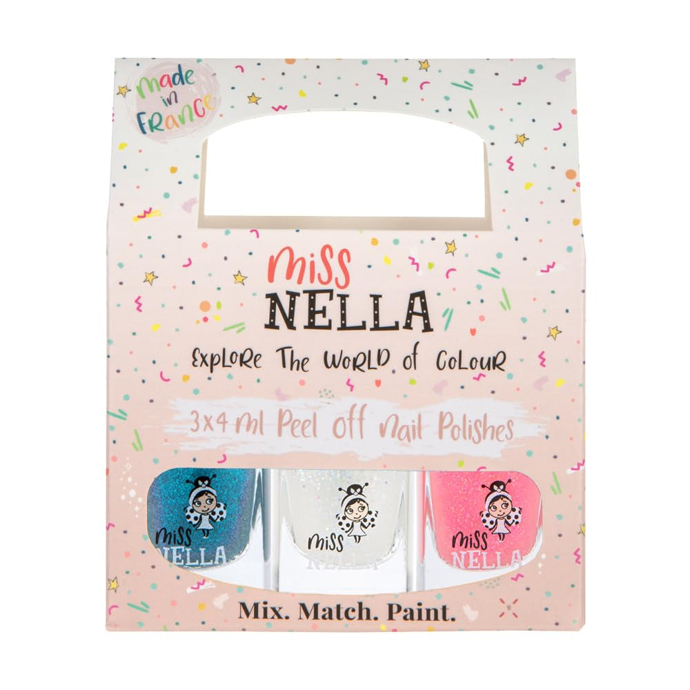 Miss Nella Magic Collection 4-delt glitter neglelaksæt: Pink, rød, guld og blå, special aftagelig neglelak til børn, ikke-giftig, vandbaseret, lugtfri