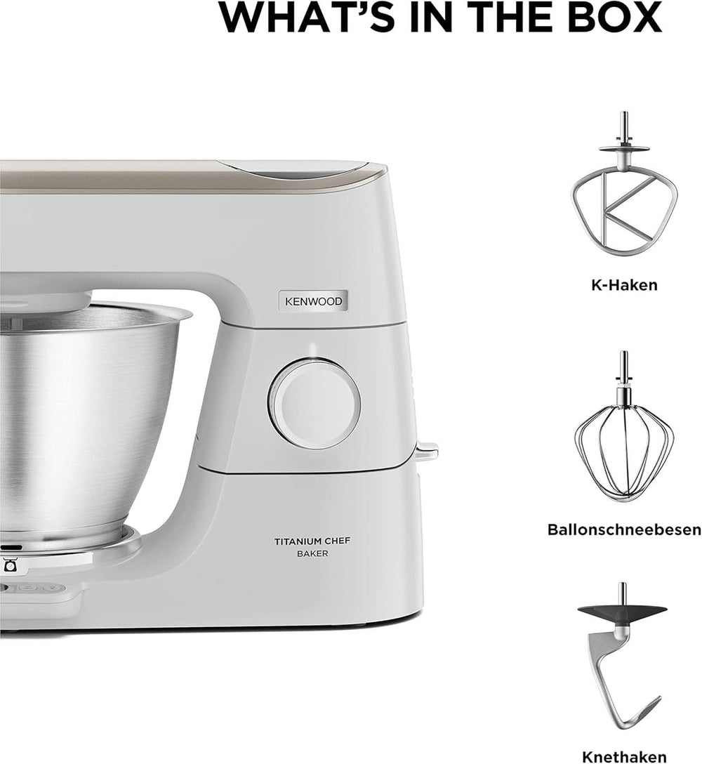 Kenwood Titanium Chef Baker KVC65.001WH, Küchenmaschine Mit Integrierter Waage, 1200 Watt, Inkl. 3-Teiligem Patisserie-Set, Spatel & Spritzschutz, Weiß Mother and Child Naty Shop