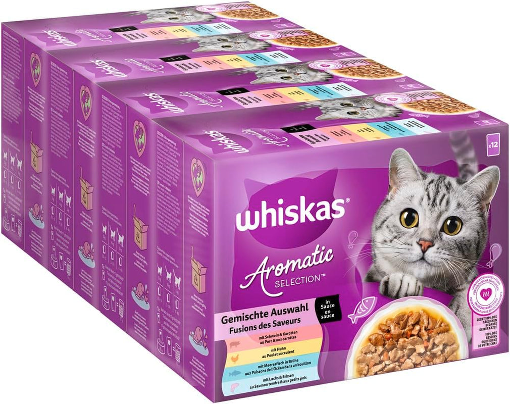 WHISKAS Aromatic Selection Multipack hrană umedă pentru pisici 1+, 40X85G - 4 arome: Porc, pui, somon, pește de mare în sos