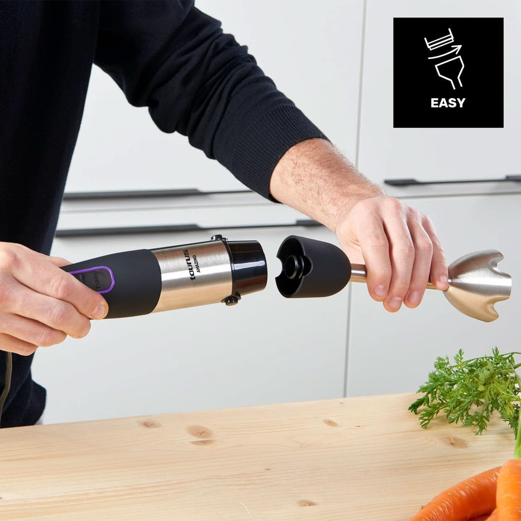 Taurus Stabmixer 1000W | 20 Geschwindigkeitsstufen | Turbo-Funktion | 4 Edelstahlklingen | Ergonomisches Soft-Touch-Design | Spritzschutz | Zubehör | Edelstahl | Elektrisch |Kunststoff, Silber/Schwarz Mama si Copilul Naty Shop