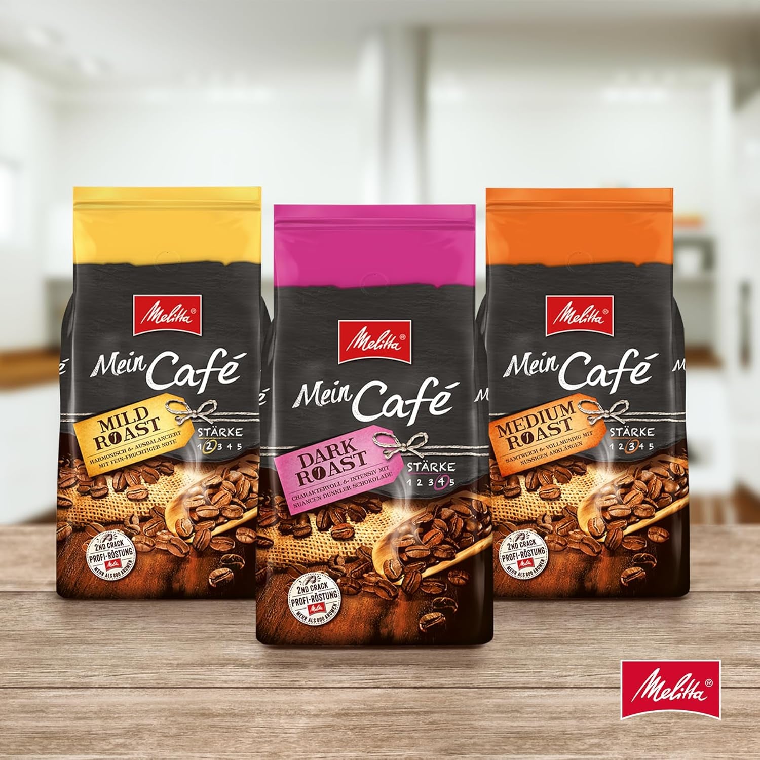 Melitta Mein Café Mild Roast, Ganze Kaffee-Bohnen 1kg, ungemahlen, Kaffeebohnen für Kaffee-Vollautomat, milde Röstung, Stärke 3