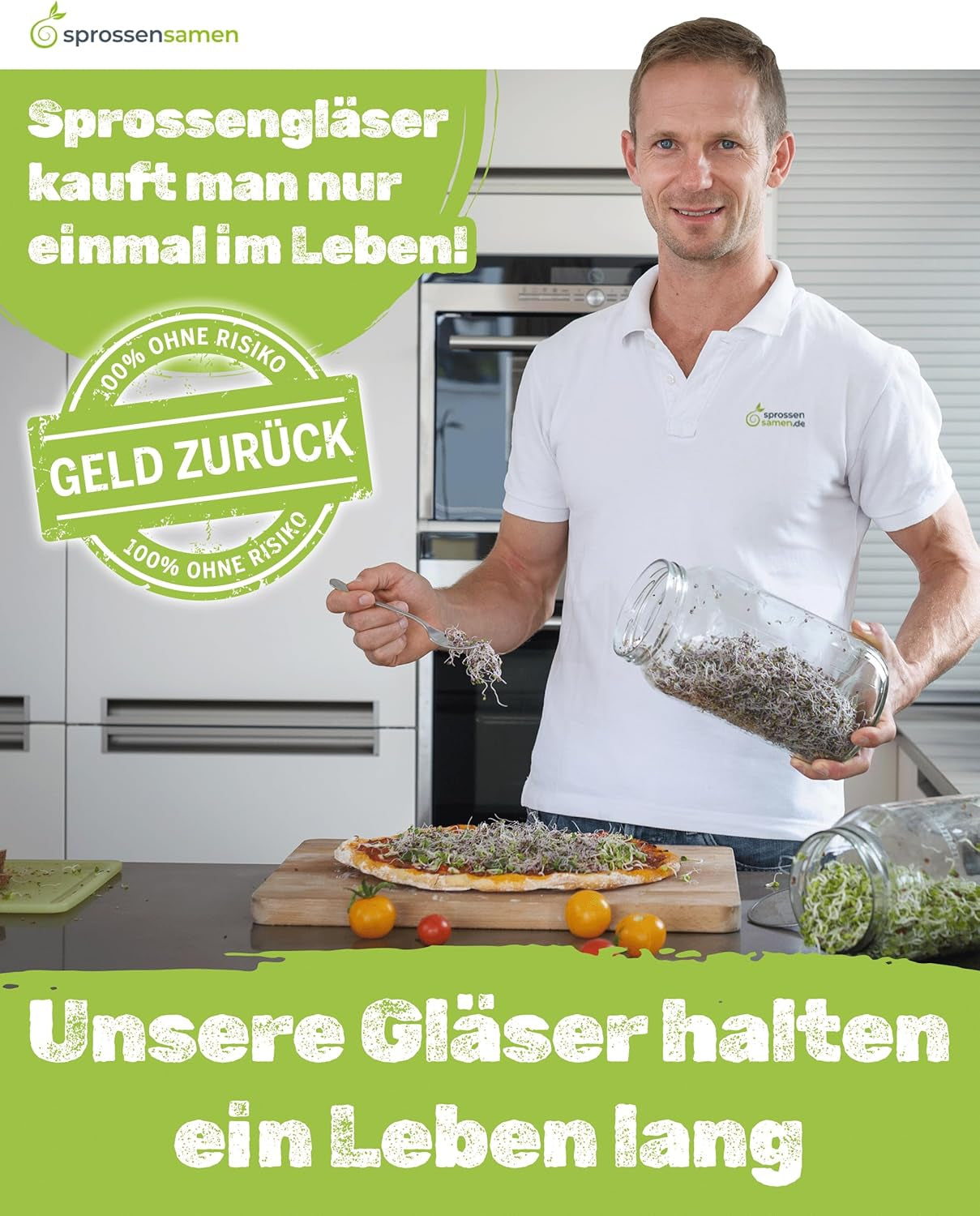 Spirekrukkesæt 3100 ml med gavesæt - Økologisk Fitness Mix, Power Mix og Detox Mix, 75 g hver - Spiringskrukke - inkl. låg, stativ og si