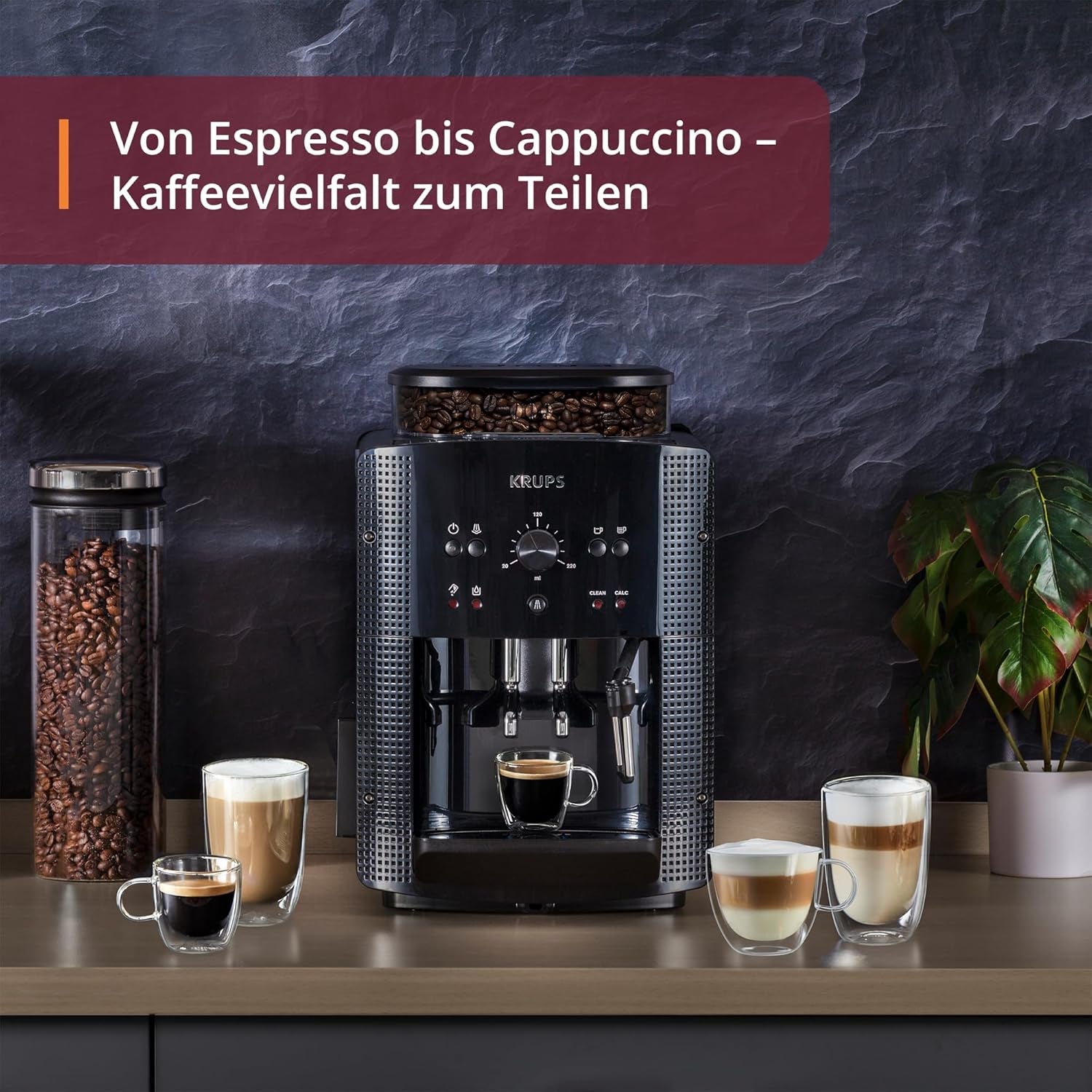 Espressor automat KRUPS Arabica Picto, design compact, utilizare ușoară, control rotativ intuitiv reglabil, spumator de lapte, funcție pentru 2 căni, espressor, negru, EA810870