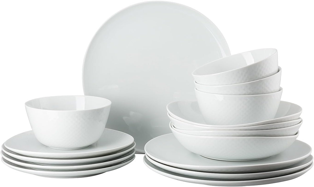 Set de veselă Rosenthal Junto White, porțelan, alb, farfurii plate, farfurii de cină Ø 22 cm, farfurii de sumă Ø 21,5 cm și boluri pentru cereale Ø 14 cm, 0,62 l, potrivit pentru mașina de spălat vase și cuptorul cu microunde, set pentru 4 persoane