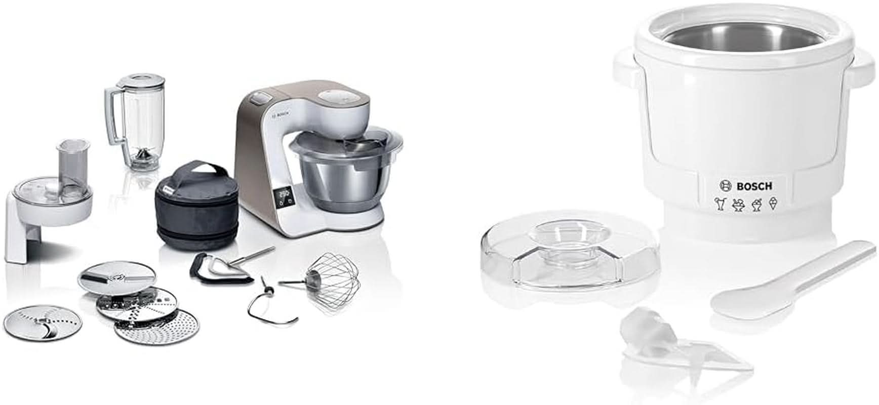 Bosch Series 4 MUM5X720 foodprocessor, integreret vægt, skål i rustfrit stål 3,9L, mixer 1,25L, 1000W Tilbehør Mad og Amning Bebe Naty Shop Pakke med ismaskine Hvid Champagne 2 tilbehør