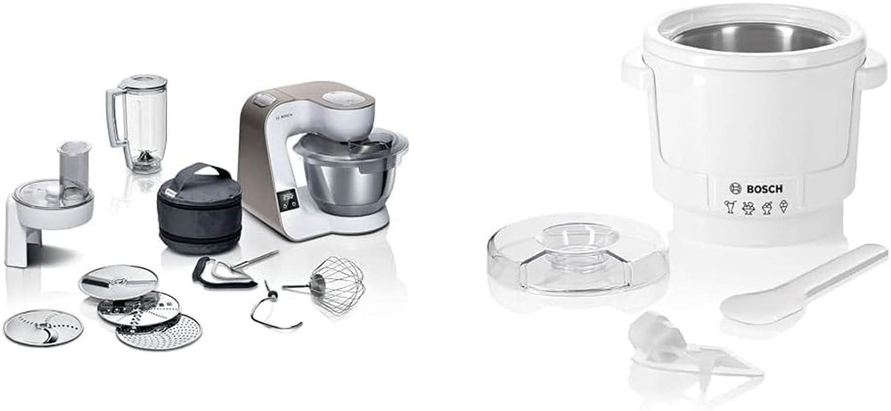 Bosch Series 4 MUM5X720 foodprocessor, integreret vægt, skål i rustfrit stål 3,9L, mixer 1,25L, 1000W Tilbehør Mad og Amning Bebe Naty Shop Pakke med ismaskine Hvid Champagne 2 tilbehør