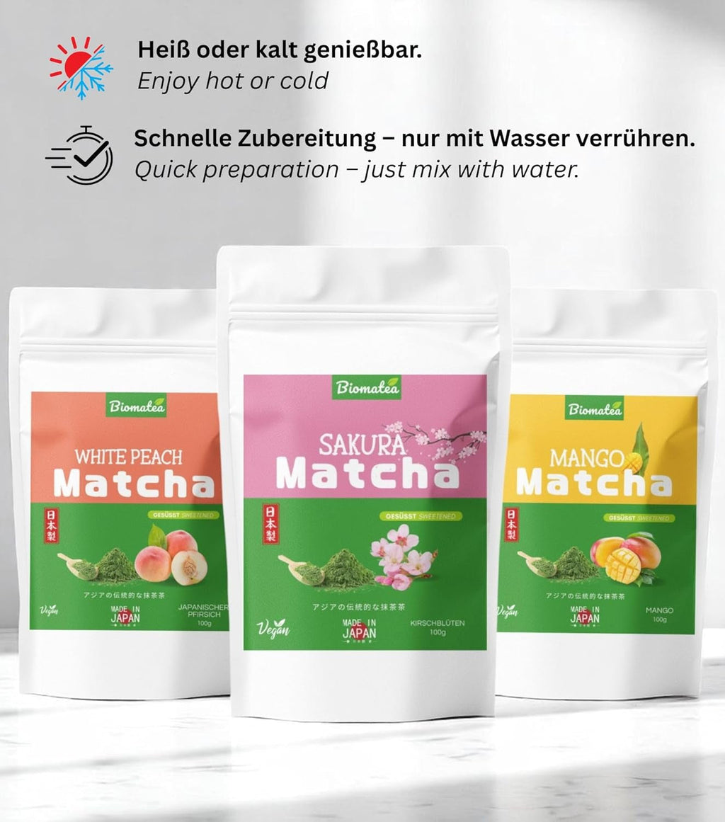 Pudră Matcha aromatizată – piersică japoneză, sakura sau mango – îndulcită – 100 g – solubilă instantaneu în apă sau lapte (Sakura)