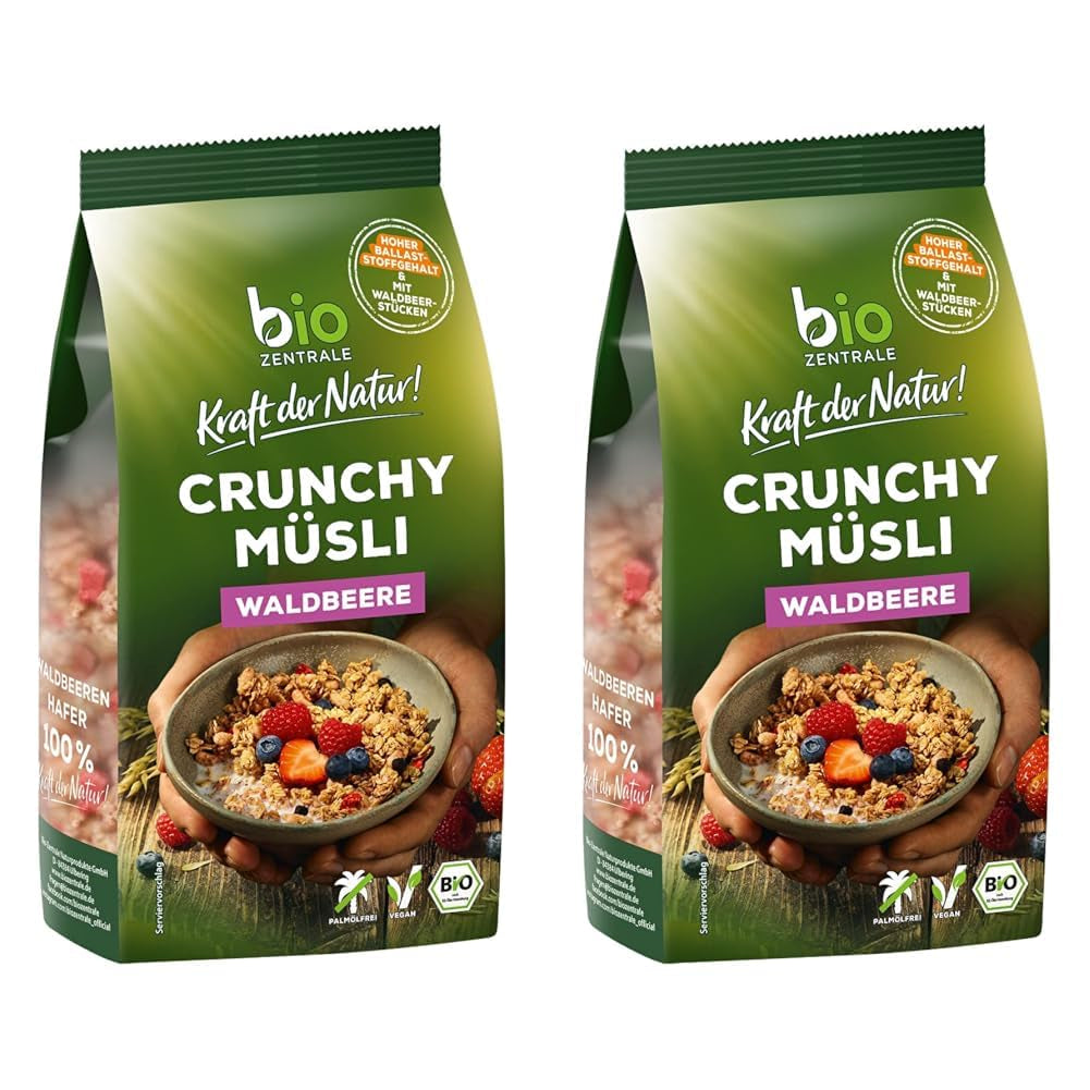 Sprød müsli med bær Biozentrale | 375 g økologisk müsli | Ideel til morgenmad og din kop takeaway müsli | Et alternativ til müslibarer