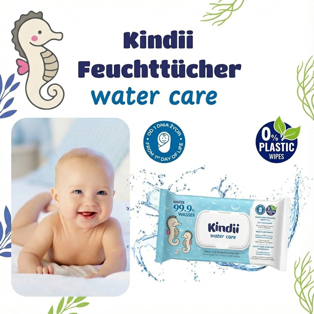 Kindii Water Care Wet Wipes - Aqua Baby Wipes - 100 % viskose, 99,9 % vand, grapefrugtekstrakt, tørklæde størrelse 150x200, 100 % biologisk nedbrydeligt, plastikfri, renseservietter til følsom hud