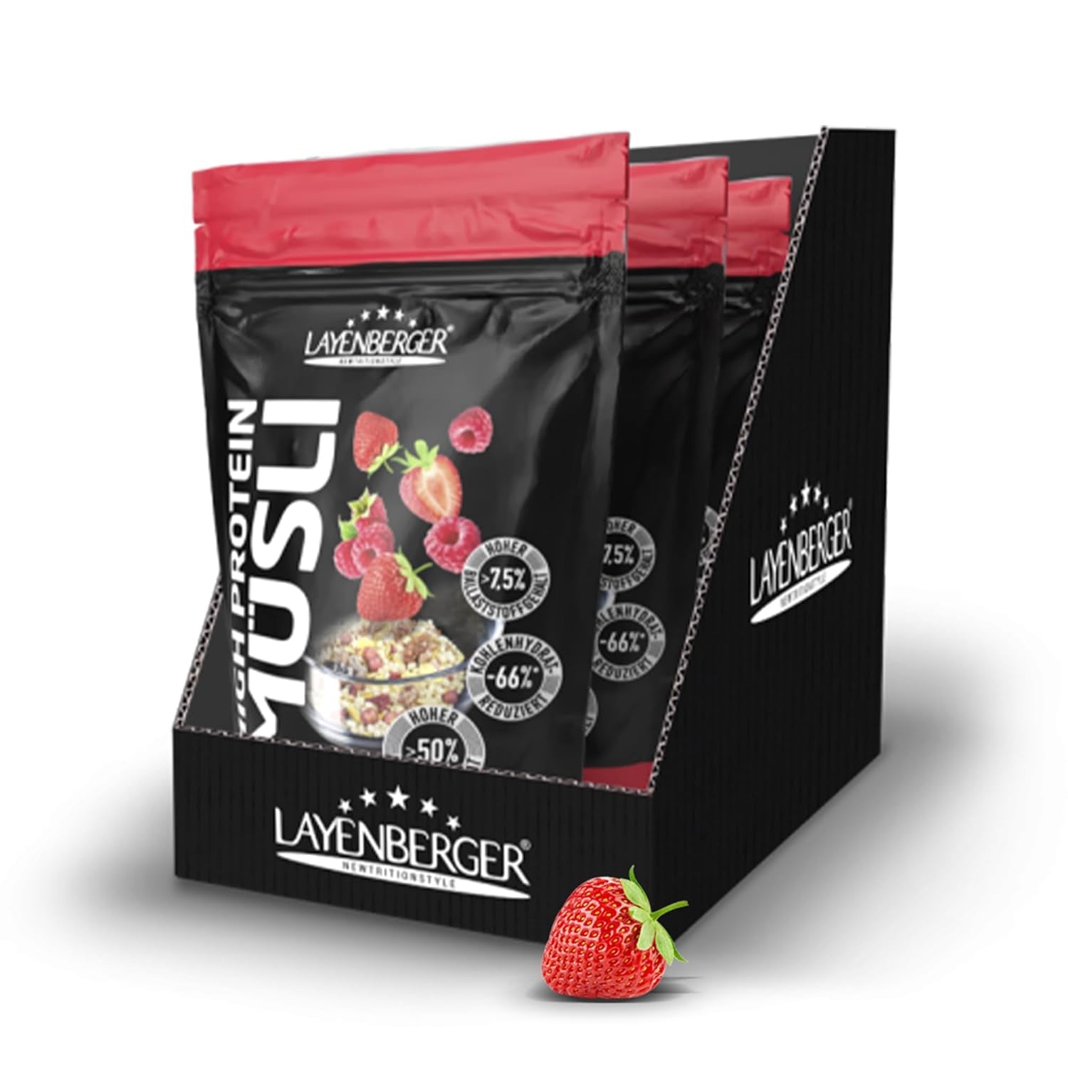 Layenberger 3K High Protein Müsli, 50% Eiweiß og 18% Kohlenhydrat - Enkeltpakke (1X 390 G) - Schoko-Nuss Cereale Naty Shop 1,08 kg (1Er Pack) Rote Beeren Mix
