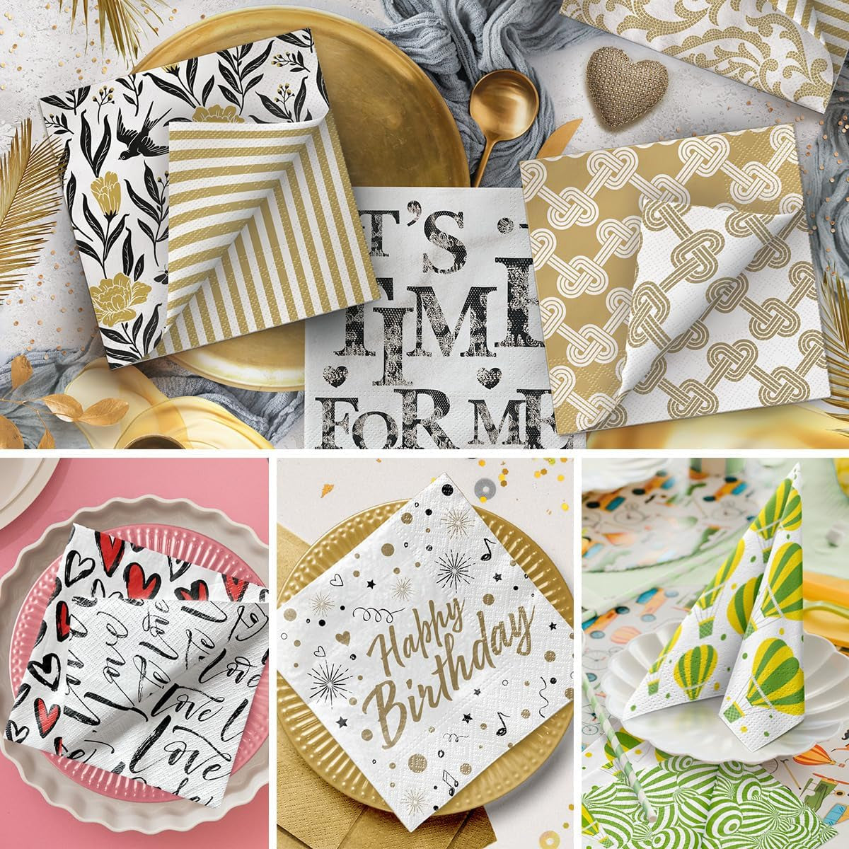 PAW - Șervețele față-verso 3 straturi (33 X 33 cm) I 20 bucăți I Perfect pentru zile de naștere, petreceri, nunți, comuniuni, sărbători I Decorațiuni de masă imprimate pe ambele părți - Flori boho păsări I Baloane dungate