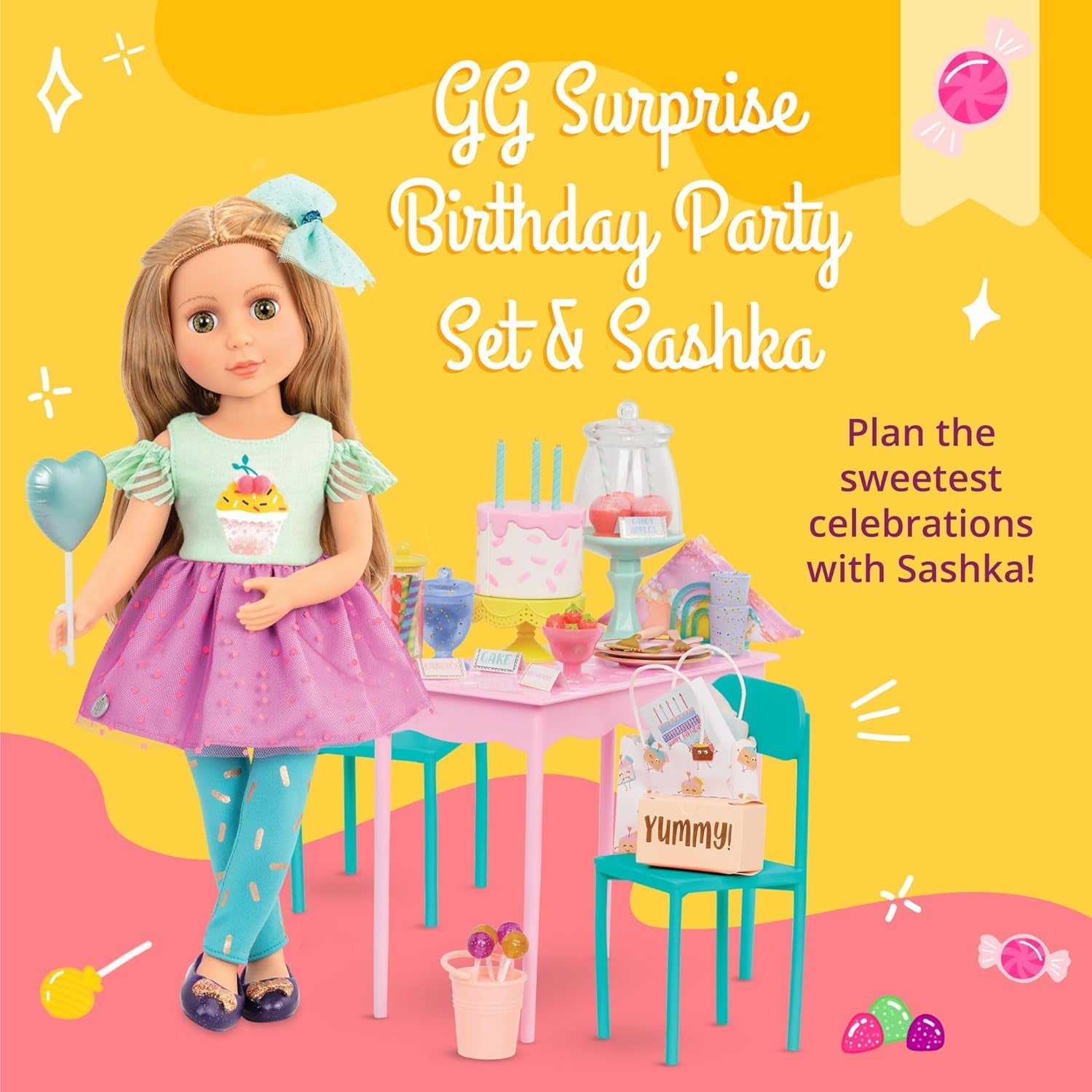 Glitter Girls - GG Surprise Birthday Party Set & Sashka - Bewegliche 36cm Puppe Sashka - Überraschungs-Geburtstagsparty-Set - Tisch & Stühle Möbel - 3 Jahre +