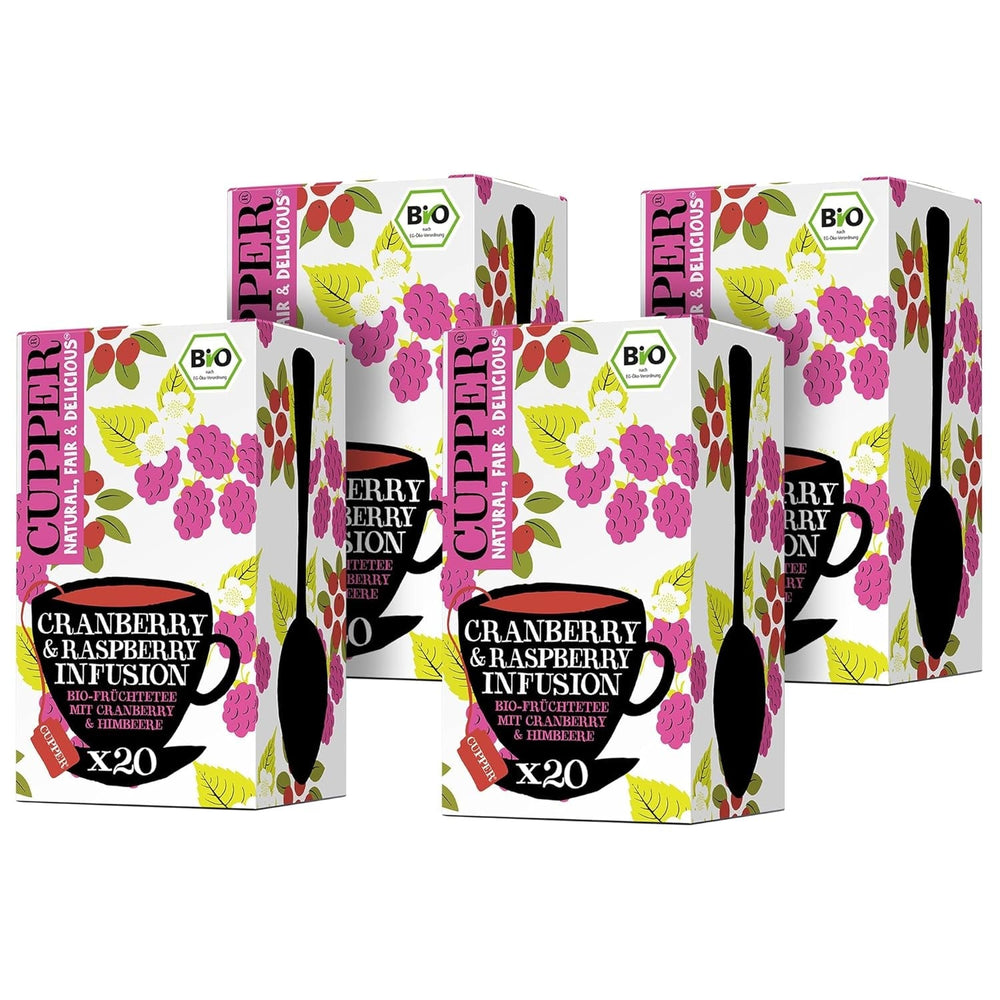 4Er Pack CUPPER Ceai de fructe bio „Cranberry &amp; Raspberry Infusion”, 4X20 pliculețe de ceai nealbe, ecologic, comerț echitabil