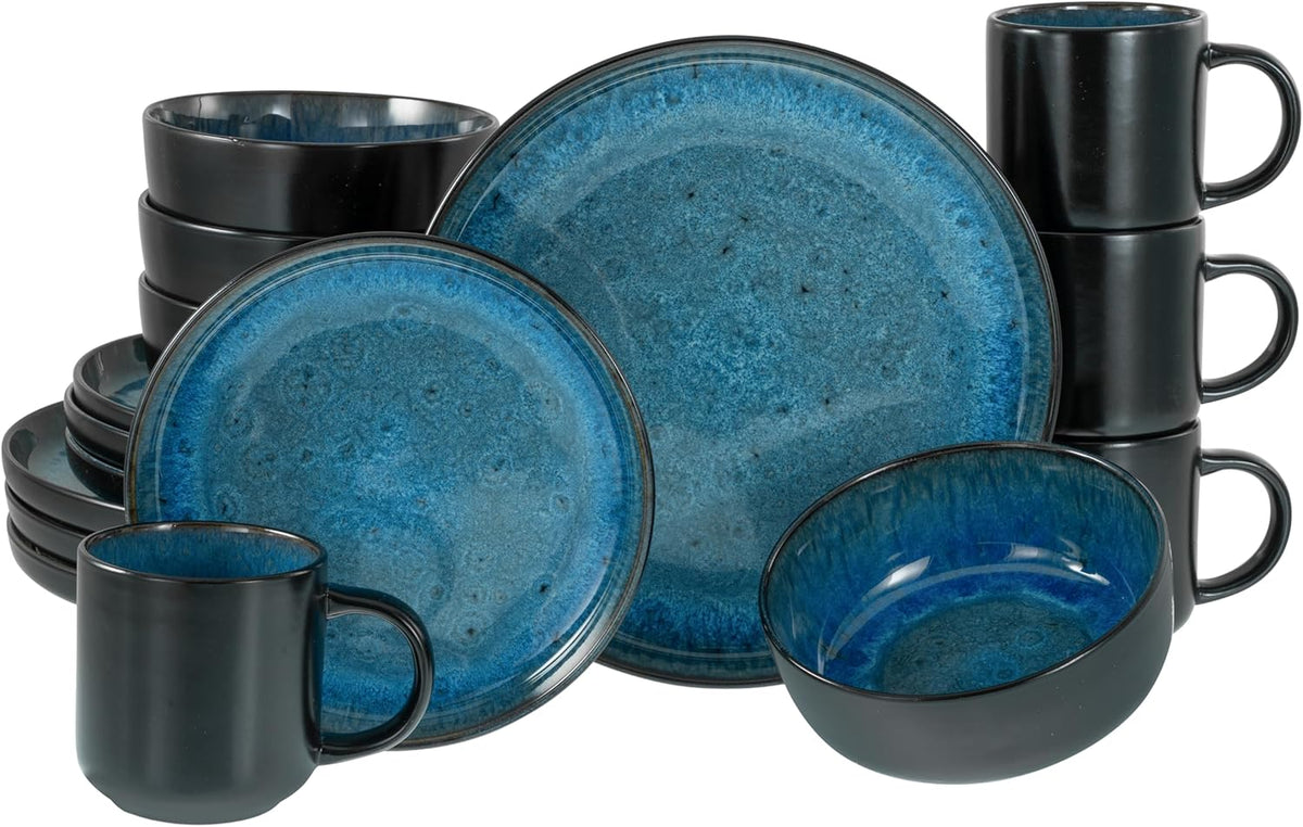 CreaTable, 20149, seria Nordic Fjord Blue, set de veselă cu 16 piese pentru 4 persoane, serviciu combinat din gresie, potrivit pentru mașina de spălat vase și cuptorul cu microunde, producție de calitate