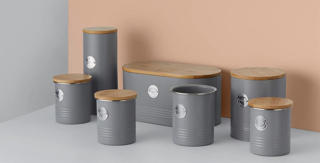 LIVING collection, borcan pentru biscuiți cu capac | gri pastel | cutie de depozitare de 3,4 L pentru biscuiți | borcan pentru biscuiți din oțel cu capac | borcane de depozitare etanșe din bambus cu capac Cutii depozitare alimente Naty Shop