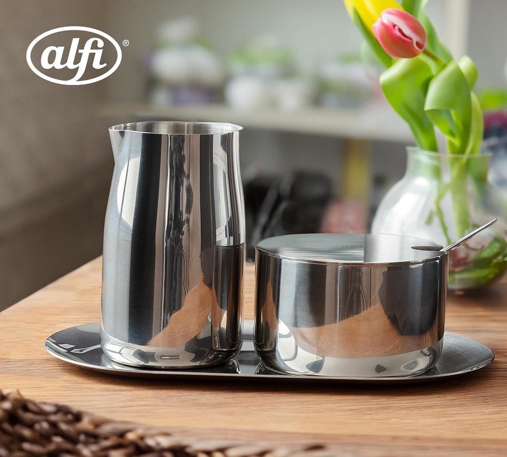 SET LAPTE ȘI ZAHĂR alfi, set lapte și zahăr din oțel inoxidabil lucios, de înaltă calitate, design elegant, lavabil în mașina de spălat vase, durabil