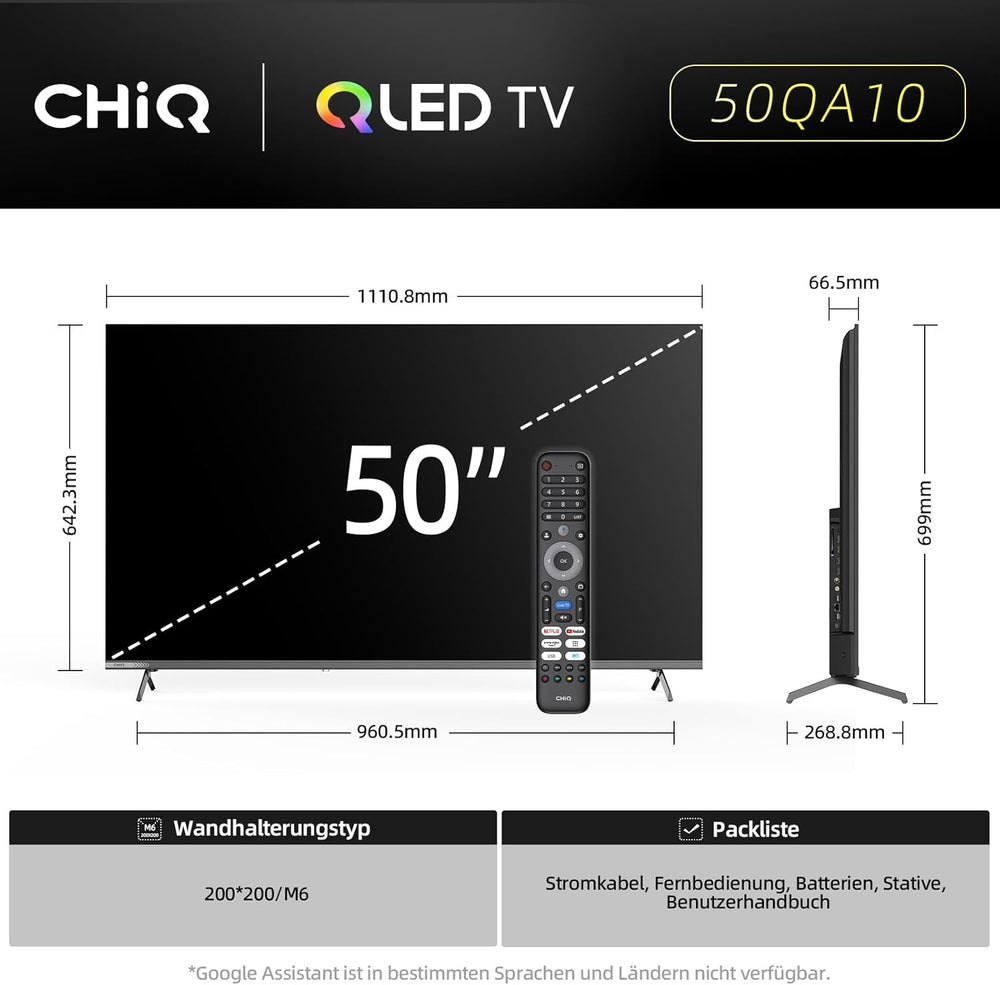 CHIQ 50QA10 Televizor inteligent QLED 4K UHD de 50 de inci cu Google, QLED Pro, DLG 120Hz, MEMC, VRR, ALLM, HDR10, Dolby Audio, 4x HDMI 2.1, gamă largă de culori, carcasă metalică fără ramă, Chromecast, Asistent Google
