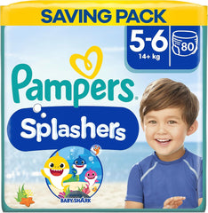 Pampers (gammel version), Splashers engangsbadeshorts - størrelse 5/6 (14 kg+) - Æske med 8 pakker med 10 stk.