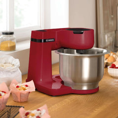 Bosch Küchenmaschine Serie 2 MUMS2ER01, Edelstahl-Schüssel 3.8 L, Planetenrührwerk, Knethaken, Schlag-, Rührbesen Edelstahl, Durchlaufschnitzler, 3 Scheiben, 700W, Rot Mother and Child Naty Shop