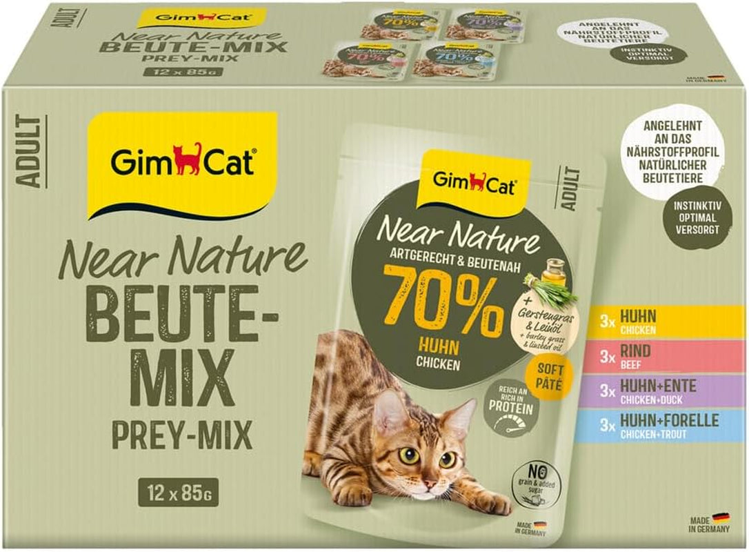 GimCat Near Nature Trial Mix Pachet de 12 - Hrană umedă fără cereale pentru pisici de la 7 luni, cu o rețetă adecvată speciei și specifică prăzii - 12 pliculețe (12 x 85 g)